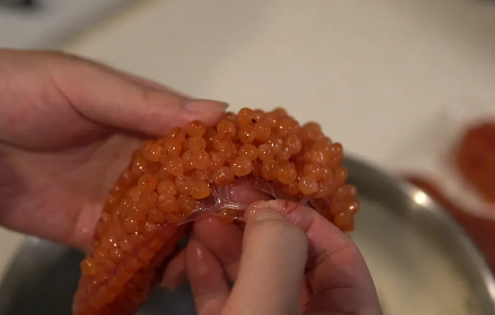 撕开鲑鱼子表面的筋膜